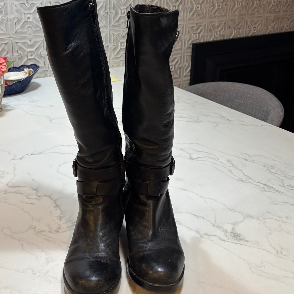 AGL Womens Black Leather Knee High With Buckle Zip Up Low Heel Boots Size 38.5